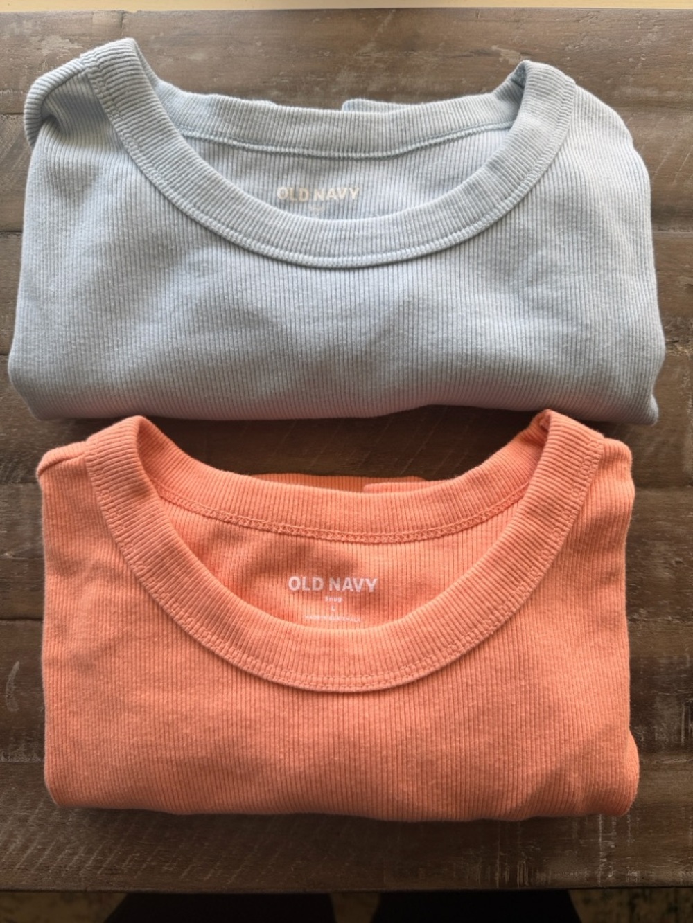 Old Navy Ribbed Crewneck Tops — Light Blue & Coral Peach 2 Pack